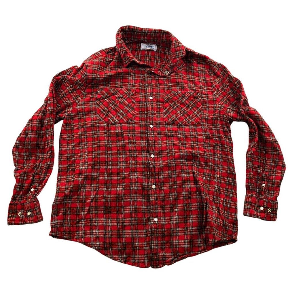 Haband Men Flannel Shirt Large Casual Joe Long Sleeve Button Up Red Plaid Casual